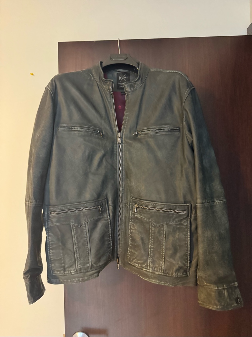 John Varvatos Distressed Black Leather Bomber Jacket